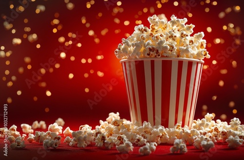 Delicious popcorn bursting from a striped red container against a bright red ...