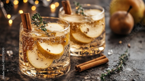 Refreshing sparkling drink with pear and herbs served in elegant glasses duri...