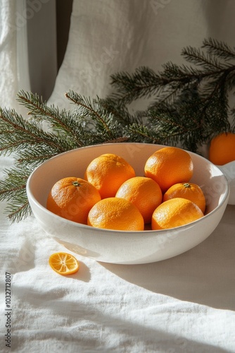 Fresh oranges in a white bowl surrounded by greens on a light fabric backdrop