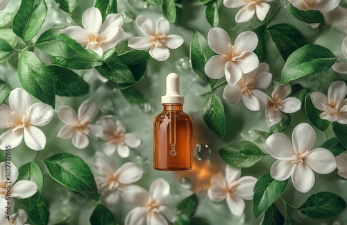 A glass bottle of essential oil surrounded by delicate white flowers and lush...