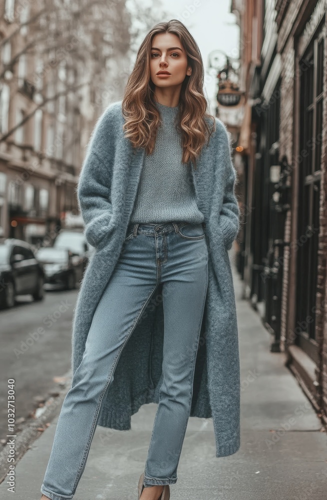 Stylish young woman wearing a cozy sweater and oversized coat in a city street on a chilly day Stylish young woman wearing a cozy sweater and oversized coat in a city street on a chilly day
