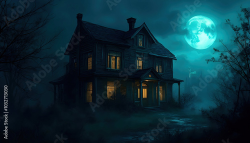 A spooky haunted house with eerie lights illuminating its dark, weathered facade. Shadows dance across the windows, and a full moon casts a haunting glow, creating an atmosphere of mystery and fright