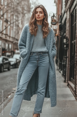 Stylish young woman wearing a cozy sweater and oversized coat in a city stree...