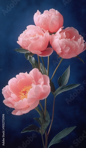 A delicate arrangement of pink peonies against a dark blue background in a mi...
