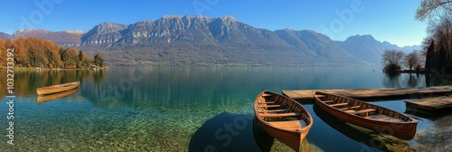 Scenic view of wooden boats by a tranquil lake surrounded by mountains on a s...
