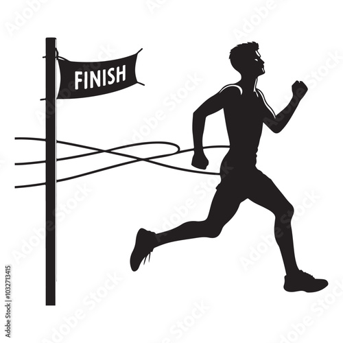 Runner crossing a finish line silhouette vector  black color white background 