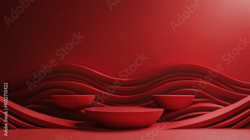Red floral display with geometric platforms and minimalist vases in a serene ...