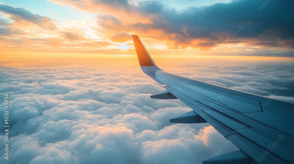 Aerial view of a plane wing above fluffy clouds at sunset during a scenic flight Aerial view of a plane wing above fluffy clouds at sunset during a scenic flight