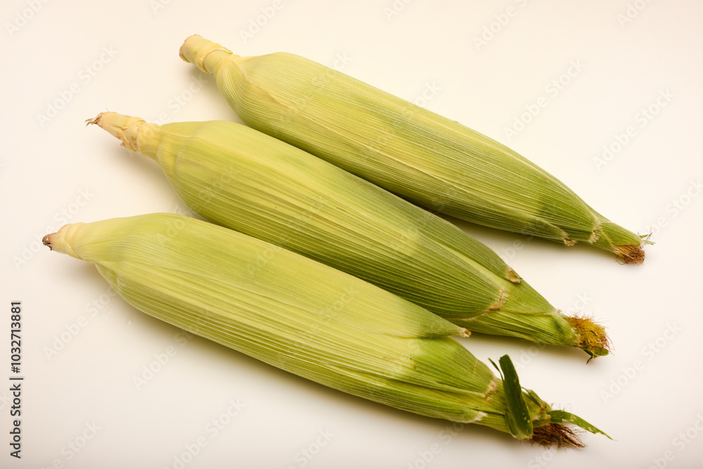 Three ears of corn on a white background. A printed cob. Ripe corn. Three ears of corn on a white background. A printed cob. Ripe corn.