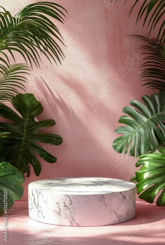Elegant marble pedestal surrounded by lush tropical leaves against a pink wal...
