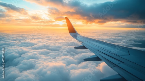 Aerial view of a plane wing above fluffy clouds at sunset during a scenic flight