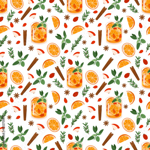Vector seamless pattern of Autumn drinks Mulled wine, spices, herbs, apples, and oranges isolated on white background. 