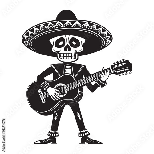skeleton Mexican mariachi, playing guitar, Silhouette vector  black color white background
