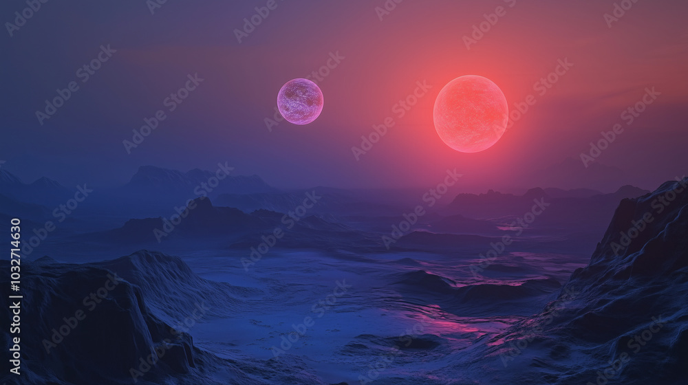 A minimalist, alien landscape with a dramatic, two-toned sunset and distant mountains A minimalist, alien landscape with a dramatic, two-toned sunset and distant mountains