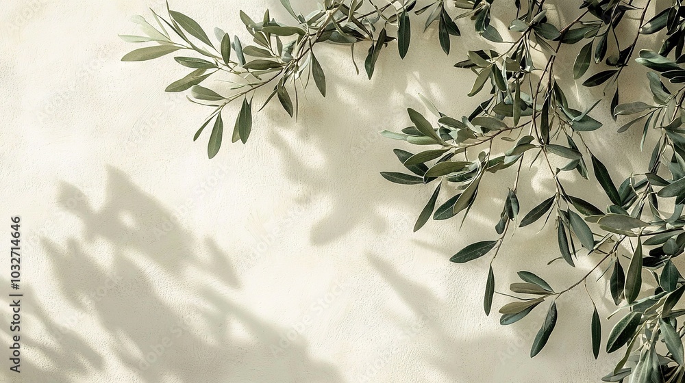 An olive tree branch shadows the white wall, casting a reflection onto the adjacent wall An olive tree branch shadows the white wall, casting a reflection onto the adjacent wall
