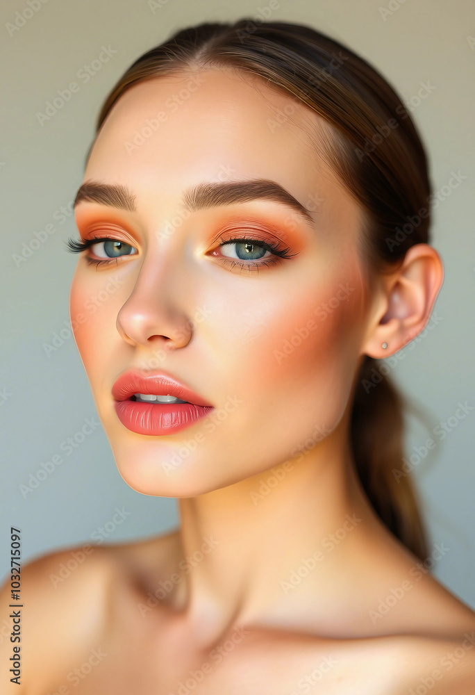 A close-up portrait of a woman with striking blue eyes and soft, warm-toned makeup. Her complexion is flawless, showcasing elegant beauty with contoured cheeks and natural makeup style.
A close-up portrait of a woman with striking blue eyes and soft, warm-toned makeup. Her complexion is flawless, showcasing elegant beauty with contoured cheeks and natural makeup style.