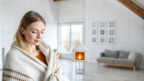 Woman in Cozy Blanket Enjoying Warm Atmosphere with Miniature Fireplace in Minimalist Interior