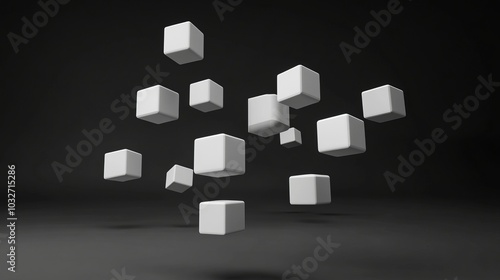 White cubes floating in mid-air against a dark background.