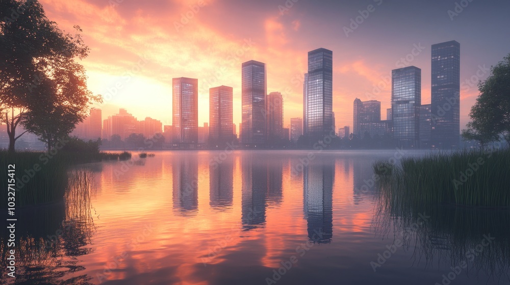 Serene urban skyline reflected in a calm lake at sunset, creating a tranquil atmosphere. Serene urban skyline reflected in a calm lake at sunset, creating a tranquil atmosphere.