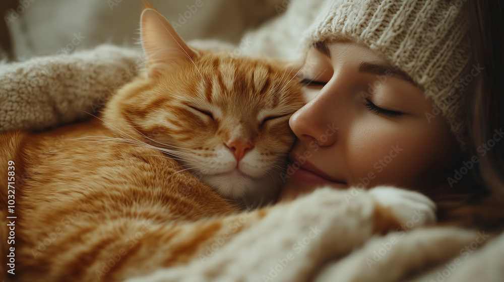 Woman cuddling with a sleeping orange cat in cozy winter clothes Woman cuddling with a sleeping orange cat in cozy winter clothes