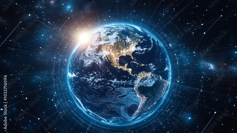 A glowing blue and white Earth surrounded by stars and a glowing ring. A glowing blue and white Earth surrounded by stars and a glowing ring.