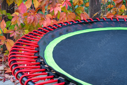 detail of mini trampoline for fitness exercising and rebounding in a backyard, fall scenery photo