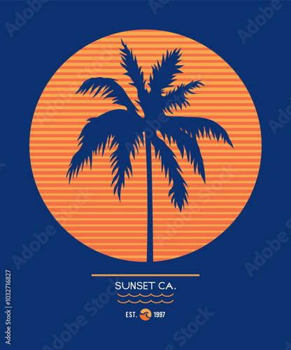 Illustration of a silhouette of a coconut tree in front of the sun. Graphic style art for decoration, prints on shirts, etc.