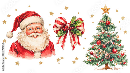 vintage watercolors of a festive Christmas theme with three central element, a jolly Santa Claus, a candy cane-striped bow, Christmas tree , transparent background