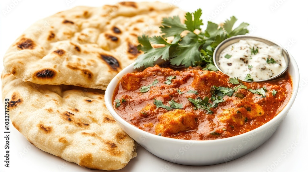 Frozen ready-to-eat Indian cuisine, including tikka masala and naan bread, set against a white background. Frozen ready-to-eat Indian cuisine, including tikka masala and naan bread, set against a white background.