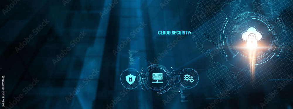 Cloud Security Concept: Businessman securing data on virtual interface, encryption, firewalls, data privacy, access control, compliance, threat detection on virtual interface. Cloud Security Concept: Businessman securing data on virtual interface, encryption, firewalls, data privacy, access control, compliance, threat detection on virtual interface.