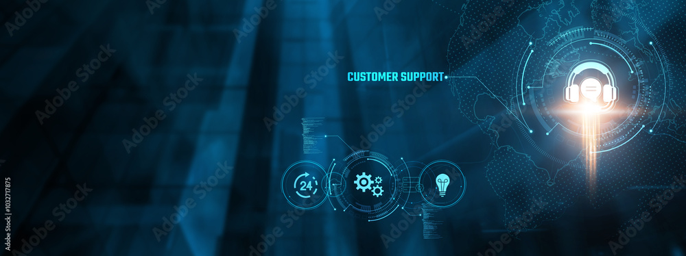 Obraz premium Customer Support Concept: Businessman engaging with customer support tools, problem resolution, feedback management, client satisfaction, 24/7 availability, technical help on virtual interface.