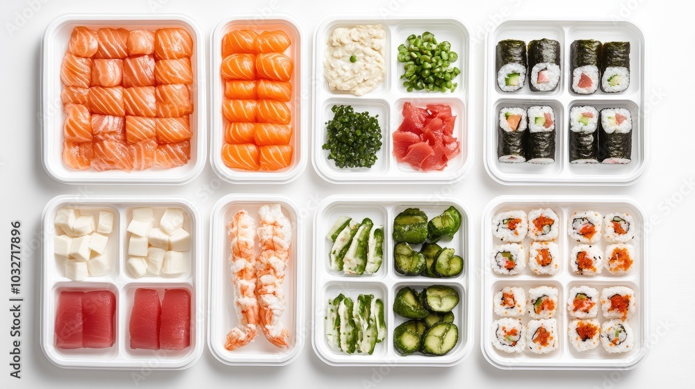 Frozen ready-to-eat sushi trays, neatly arranged on a white background, highlighting convenient gourmet options. Frozen ready-to-eat sushi trays, neatly arranged on a white background, highlighting convenient gourmet options.