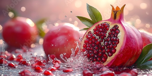 A juicy red pomegranate is sliced open, revealing its ruby-red seeds. The pomegranate is surrounded by water droplets and other pomegranates, creating a beautiful and refreshing image.