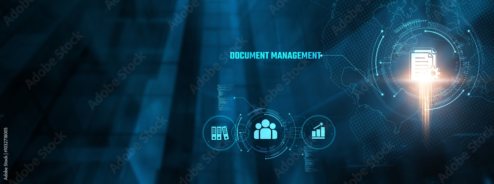 Document Management Concept: Streamlining workflows, data security, collaboration, storage solutions, retrieval efficiency, version control, compliance on virtual interface. Document Management Concept: Streamlining workflows, data security, collaboration, storage solutions, retrieval efficiency, version control, compliance on virtual interface.