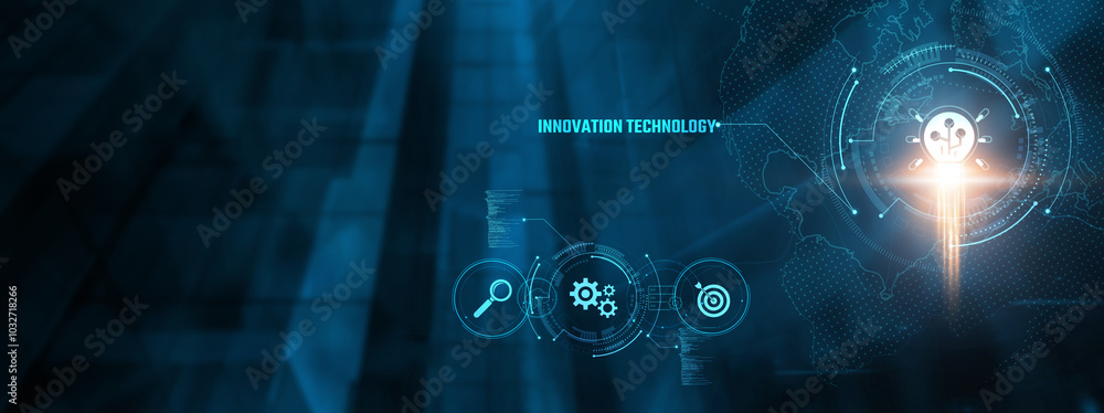 Innovation Technology Concept: Businessman interacting with advanced technology, analyzing data, automation, efficiency, creativity, problem-solving, breakthroughs on virtual interface. Innovation Technology Concept: Businessman interacting with advanced technology, analyzing data, automation, efficiency, creativity, problem-solving, breakthroughs on virtual interface.