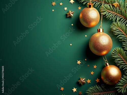 Elegant festive decorations with golden ornaments and green pine branches on a rich emerald background during the holiday season