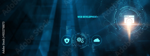 Web Development Concept: Businessman analyzing website performance on virtual interface. Front-end design, back-end development, responsive layout, SEO optimization, database management.