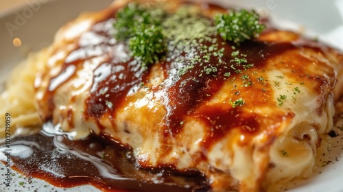 Mouthwatering dishes with melted cheese and barbecue sauce, presented in a professional setting on a white surface.