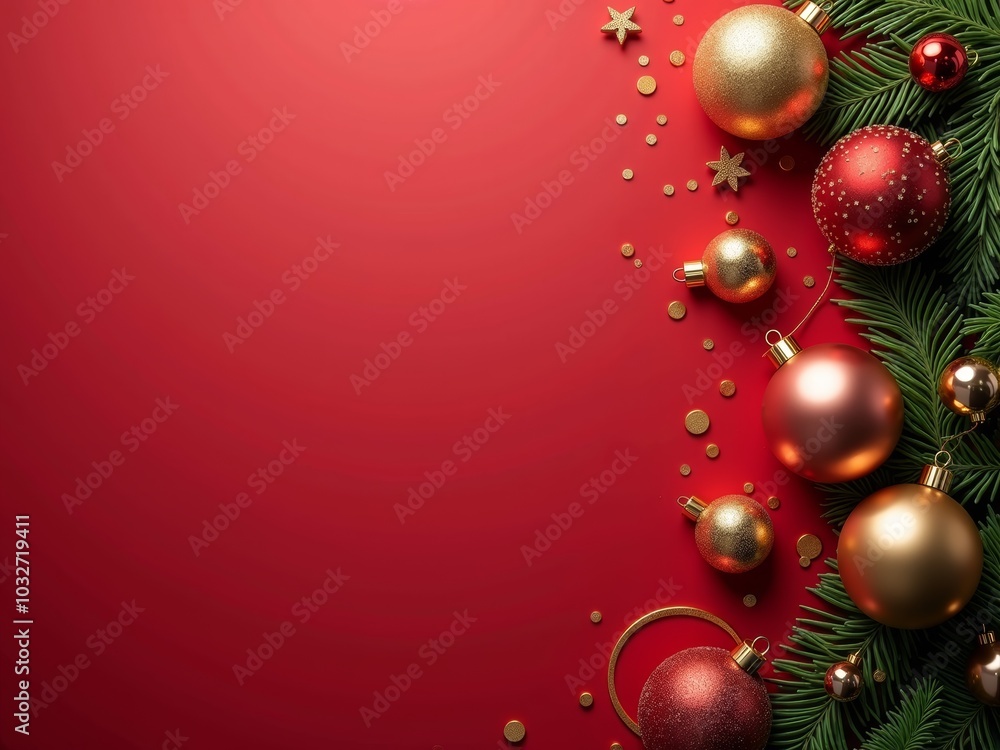 Festively adorned red background with vibrant ornaments and pine branches creating a warm holiday atmosphere Festively adorned red background with vibrant ornaments and pine branches creating a warm holiday atmosphere