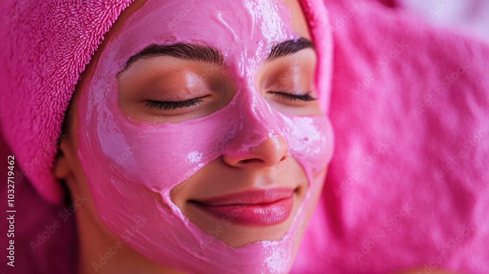 A woman relaxes with a pink facial mask, promoting skincare and self-care. A woman relaxes with a pink facial mask, promoting skincare and self-care.
