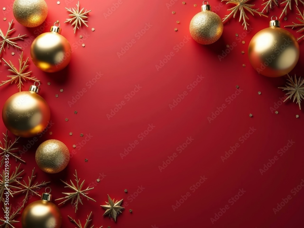 Elegant gold ornaments and glittering decorations bring a festive spirit to a vibrant red backdrop during the holiday season Elegant gold ornaments and glittering decorations bring a festive spirit to a vibrant red backdrop during the holiday season