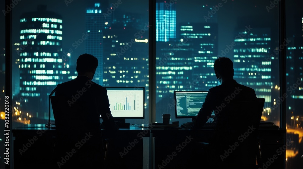 Two silhouettes working at computers, overlooking a cityscape at night, illuminated by urban lights. Two silhouettes working at computers, overlooking a cityscape at night, illuminated by urban lights.