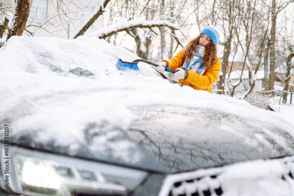Portrait of smiling woman cleaning snow off his car during winter snowfall. Scraping ice. Portrait of smiling woman cleaning snow off his car during winter snowfall. Scraping ice.