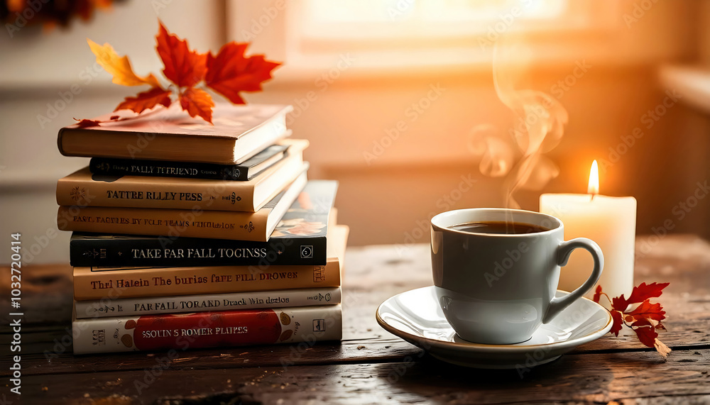 A stack of fall-themed books sits next to a steaming cup of hot beverage, surrounded by autumn leaves. The warm colors and cozy setup evoke a sense of comfort and relaxation.
A stack of fall-themed books sits next to a steaming cup of hot beverage, surrounded by autumn leaves. The warm colors and cozy setup evoke a sense of comfort and relaxation.