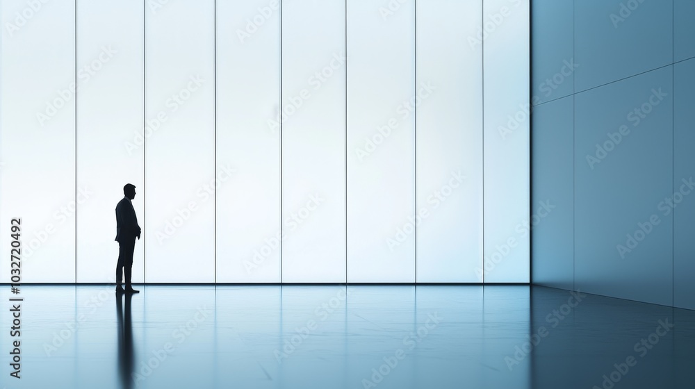 A lone figure stands in a spacious, minimalistic room with expansive glass walls, immersed in quiet contemplation and modern design. A lone figure stands in a spacious, minimalistic room with expansive glass walls, immersed in quiet contemplation and modern design.