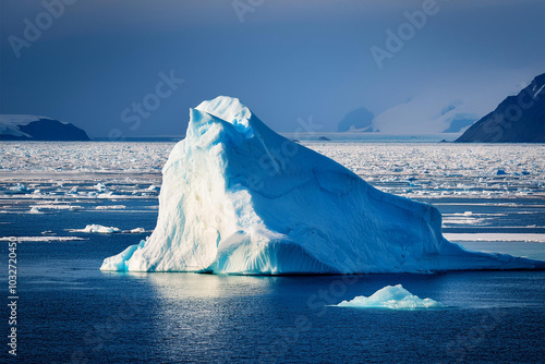 A massive iceberg floating among ice blocks.