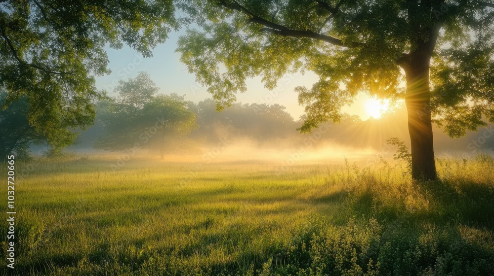 Fototapeta premium A quiet meadow at dawn, with soft mist rising from the ground and the first light of day shining through
