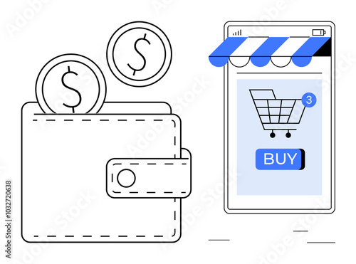 Visible are a digital wallet with coins and a smartphone with an online shopping basket and buy button. Ideal for e-commerce mobile payments online shopping digital wallets and finance. Simple modern