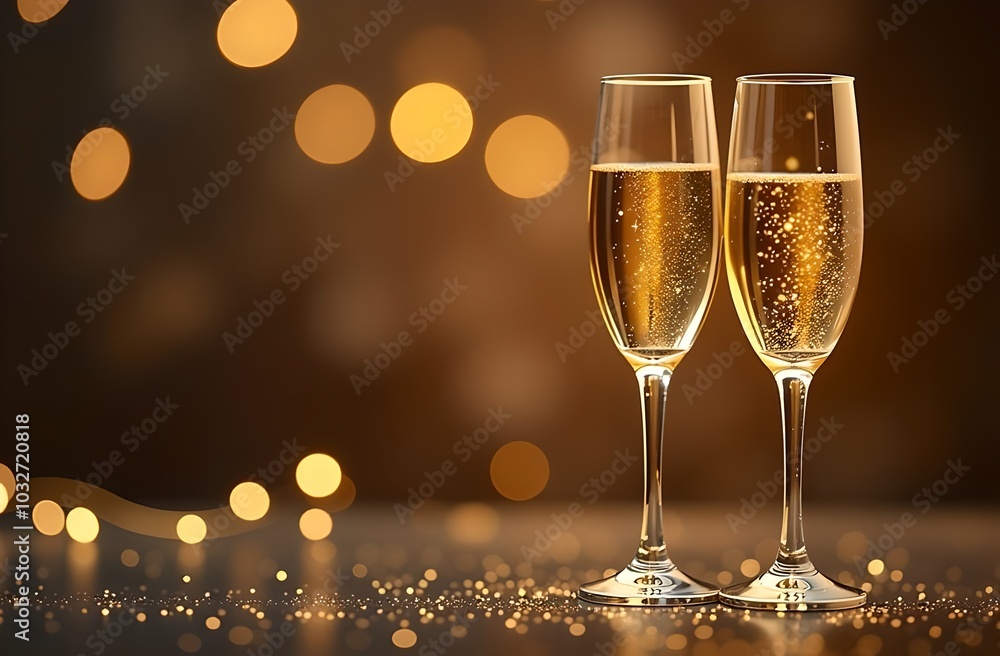 New Year background with champagne. Two champagne glasses on wooden table with golden bokeh. New Year background with champagne. Two champagne glasses on wooden table with golden bokeh.