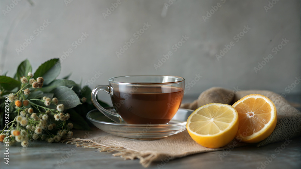 Herbal Tea with Lemon and Vitamin C on Clean Background with Copy Space Herbal Tea with Lemon and Vitamin C on Clean Background with Copy Space